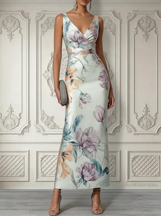 Light Green Floral Satin V Neck Sleeveless Sheath Maxi Dress