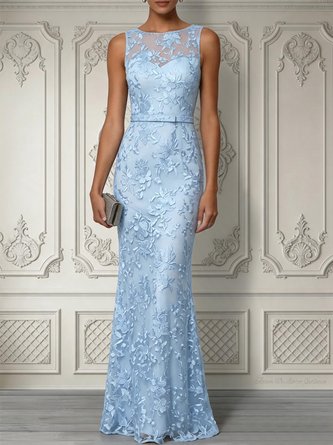Light Blue Lace Jacquard Boat Neck Sleeveless Mermaid Floor length Gown Dress