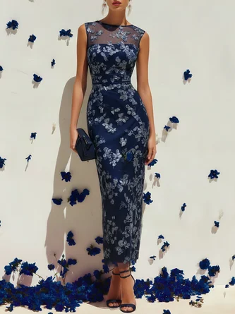 Purplish Lace Applique Crew Neck Sleeveless Sheath Maxi Dress