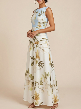 Elegant Floral Maxi Bridesmaid Dress Light Blue & Cream Sleeveless Line Gown