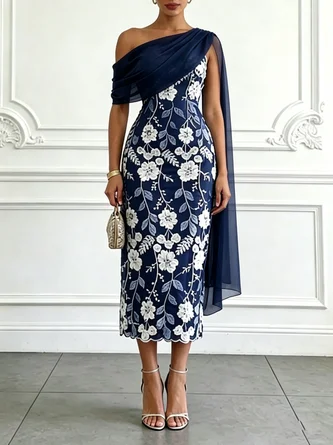 Navy Blue Embroidery Classic Strapless Sleeveless Sheath Midi Dress