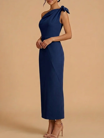 Navy Blue One Shoulder Maxi Bridesmaid Dress Elegant Bow Detail Formal Gown Wedding Guest