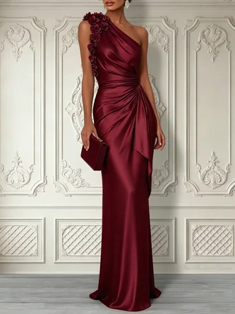 3D Floral Ruched Satin One Shoulder Sleeveless Sheath Floor length Gown Dress