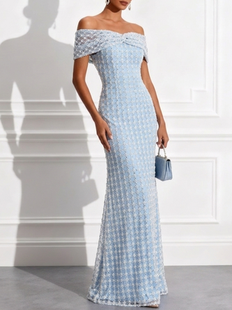 Light Blue Beaded Sequin Off Shoulder Short Sleeve Mermaid Floor length Gown Dress