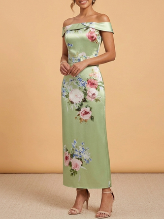 Sage Green Floral Maxi Dress Mother Bride Off Shoulder Satin Gown