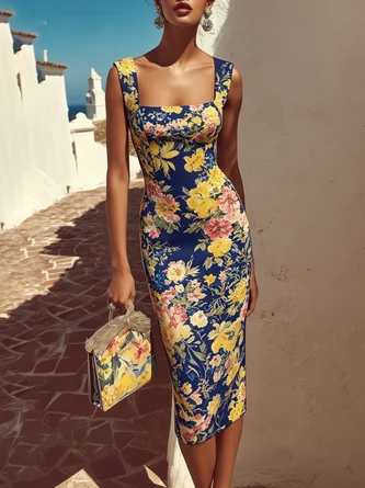 Navy Blue Floral Classic Square Neck Sleeveless Sheath Midi Dress