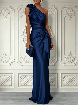 Purplish 3D Floral Ruched Satin One Shoulder Sleeveless Sheath Floor length Gown Dress