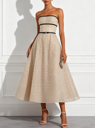 Champagne Glitter Beaded Sequin Strapless Sleeveless Line Midi Dress