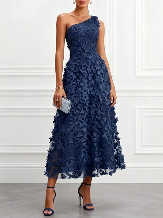 Purplish 3D Floral Embroidery Classic One Shoulder Sleeveless Line Midi Dress