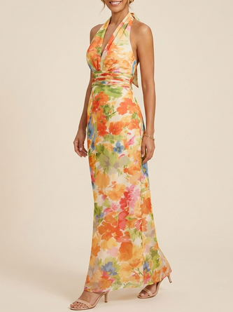 Elegant Floral Halter Chiffon Maxi Dress Sophisticated Mother Bride & Groom Gown
