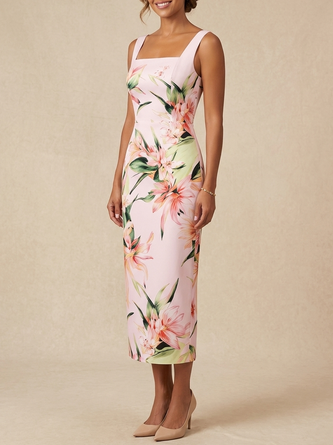 Elegant Floral Print Midi Dress Mother Bride Sleeveless Square Neck Formal Wedding Guest Dress