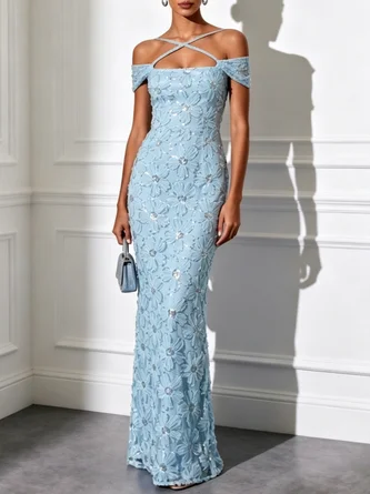 Light Blue Jacquard Glitter Classic Off Shoulder Short Sleeve Mermaid Floor length Gown Dress