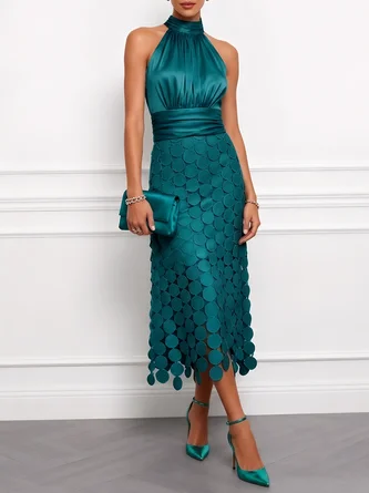 Cyan Ruched Satin Halter Neck Sleeveless Line Midi Dress