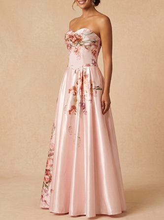 Floral Strapless Mother Bride Dress Line Satin Gown