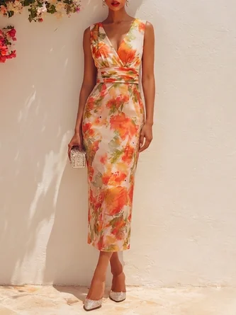 Floral Chiffon V Neck Sleeveless Sheath Midi Dress