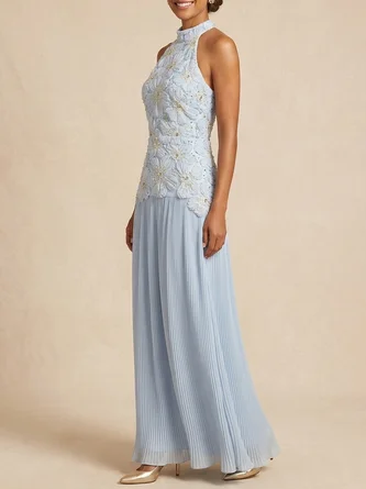 3D Floral Applique Halter Pleated Maxi Dress Elegant Mother Bride Gown