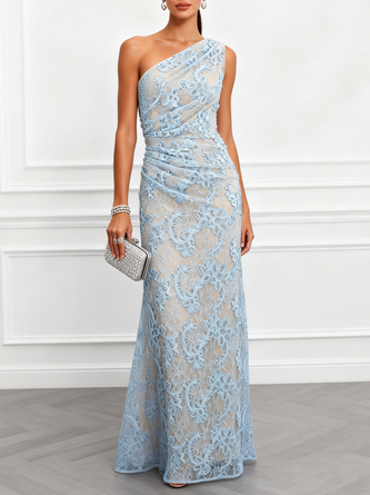Light Blue Lace Jacquard One Shoulder Sleeveless Mermaid Floor length Gown Dress
