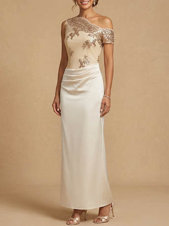 Elegant One Shoulder Sequin Bodice Satin Maxi Dress Mother Bride – Champagne