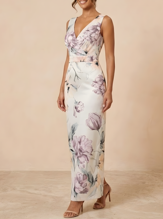 Elegant Floral Print V Neck Satin Maxi Dress Sophisticated Mother Bride & Groom Gown