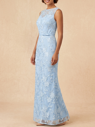 Light Blue Embroidered Lace Mother Bride Dress Elegant Line Mesh Maxi Gown