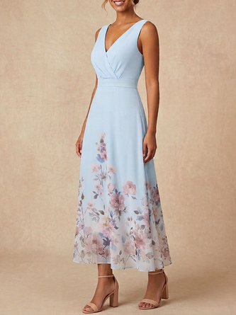 Elegant Pastel Floral Bridesmaid Dress Line V Neck Floral Maxi Gown Wedding Guest