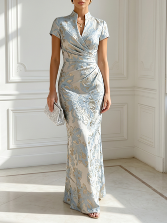 Light Blue Jacquard Classic V Neck Short Sleeve Mermaid Floor length Gown Dress