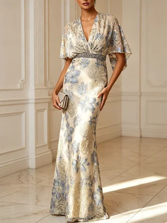 Champagne Classic V Neck Half Sleeve Mermaid Floor length Gown Dress