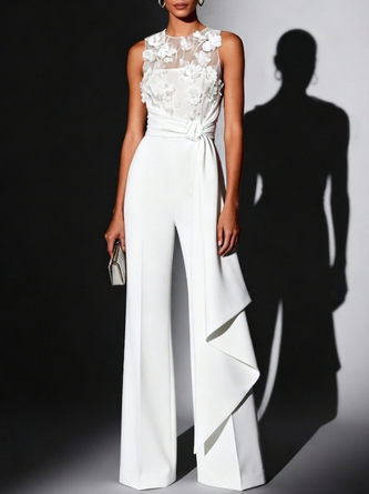 3D Floral Crew Neck Sleeveless Elegant Jumpsuit