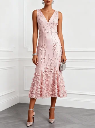 Light 3D Floral Embroidery Classic V Neck Sleeveless Mermaid Midi Dress