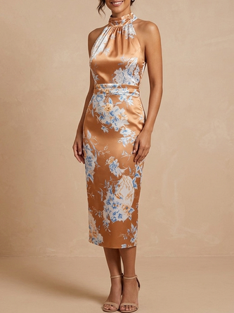 Satin Floral Halter Midi Dress Elegant Wedding Guest & Mother Bride Outfit