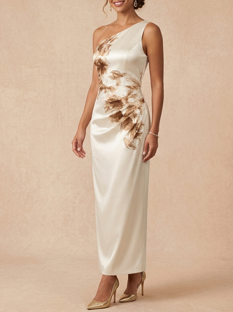 One Shoulder Floral Satin Maxi Mother Bride Dress