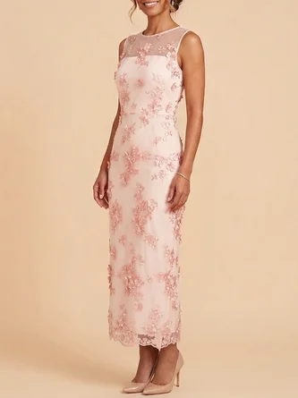 Elegant 3D Floral Applique Mother Bride Dress Soft Maxi Gown Sheer Illusion Neckline