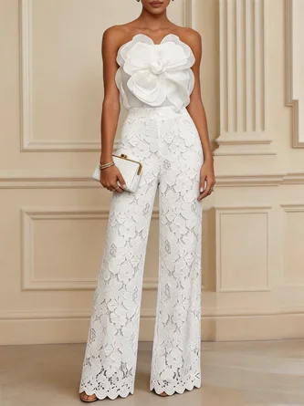 3D Floral Lace Strapless Sleeveless Elegant Top Pants Two Piece Set