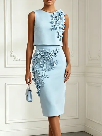 3D Floral Crew Neck Sleeveless Elegant Top Skirt Two Piece Set