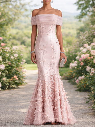 Light 3D Floral Embroidery Classic Off Shoulder Short Sleeve Mermaid Gown Dress