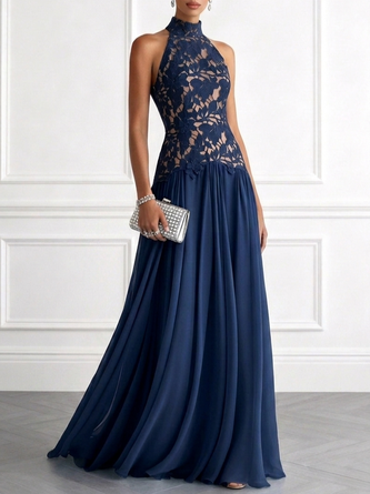 Purplish Lace Lace Halter Neck Sleeveless Line Floor Length Dress