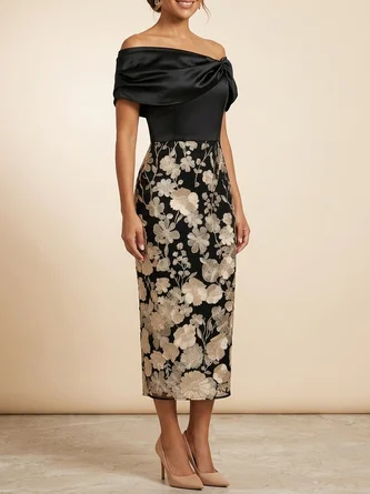 Off Shoulder Midi Mother Bride Dress Gold Floral Embroidery
