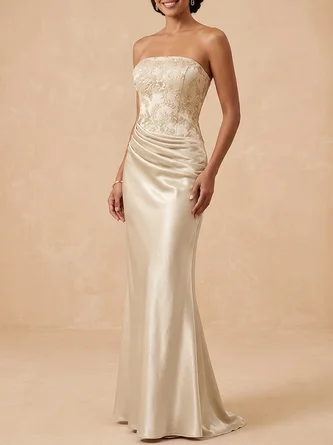 Strapless Satin Mother Bride Dress Embroidered Bodice