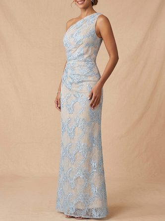 One Shoulder Light Blue Lace Maxi Dress Mother Bride