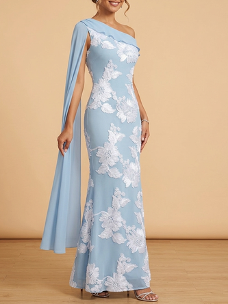 Light Blue One Shoulder Cape Maxi Dress Jacquard Mother Bride Gown
