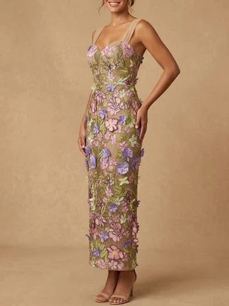 Elegant Pastel Floral Embroidered Mother Bride Maxi Dress 3D Appliques