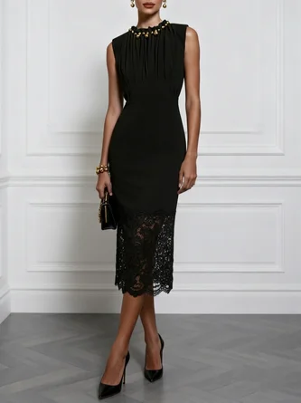Faux Pearl Lace Classic Crew Neck Sleeveless Sheath Midi Dress