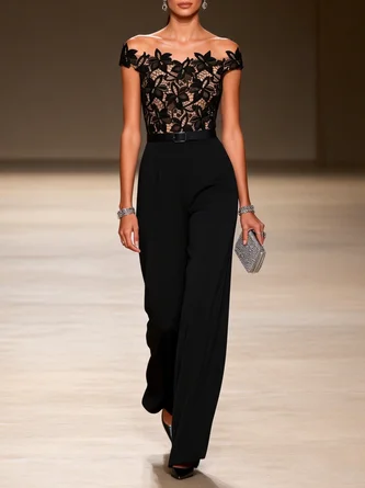 Lace Off Shoulder Short Sleeve Dressy Jumpsuit