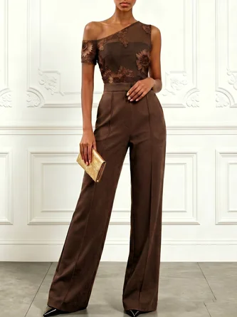 Coffee 3D Floral Off Shoulder Short Sleeve Elegant Jumpsuit