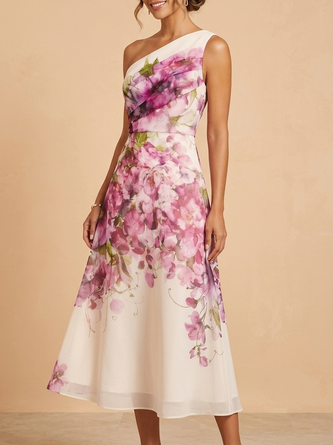 One Shoulder Floral Midi Mother Bride Dress