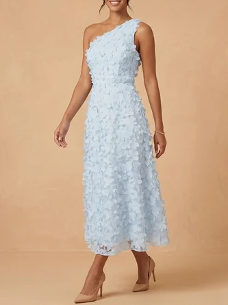 One Shoulder 3D Floral Applique Midi Dress Elegant Light Blue Mother Bride & Groom Gown