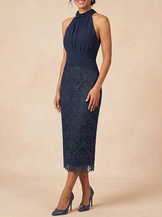 Halter Midi Dress Lace Skirt Mother Bride & Groom Gown