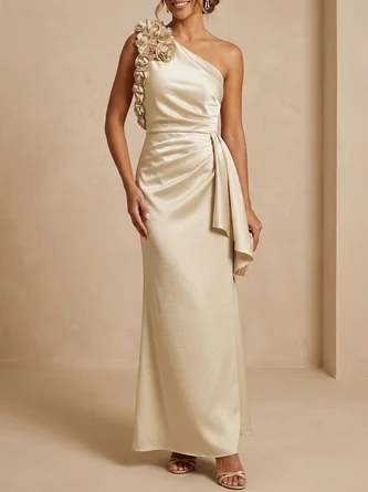 One Shoulder 3D Floral Satin Mother Bride Dress Elegant Maxi Evening Gown