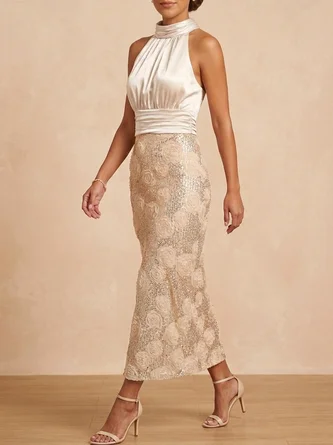 Champagne Mock Neck Satin Sequin Mother Bride Dress