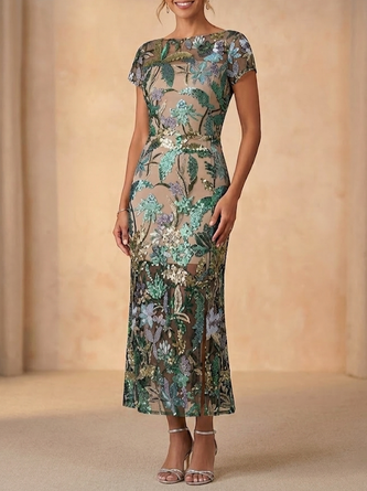 Embellished Sequin Mother Bride Dress Ankle Length Short Sleeve Floral Evening Gown